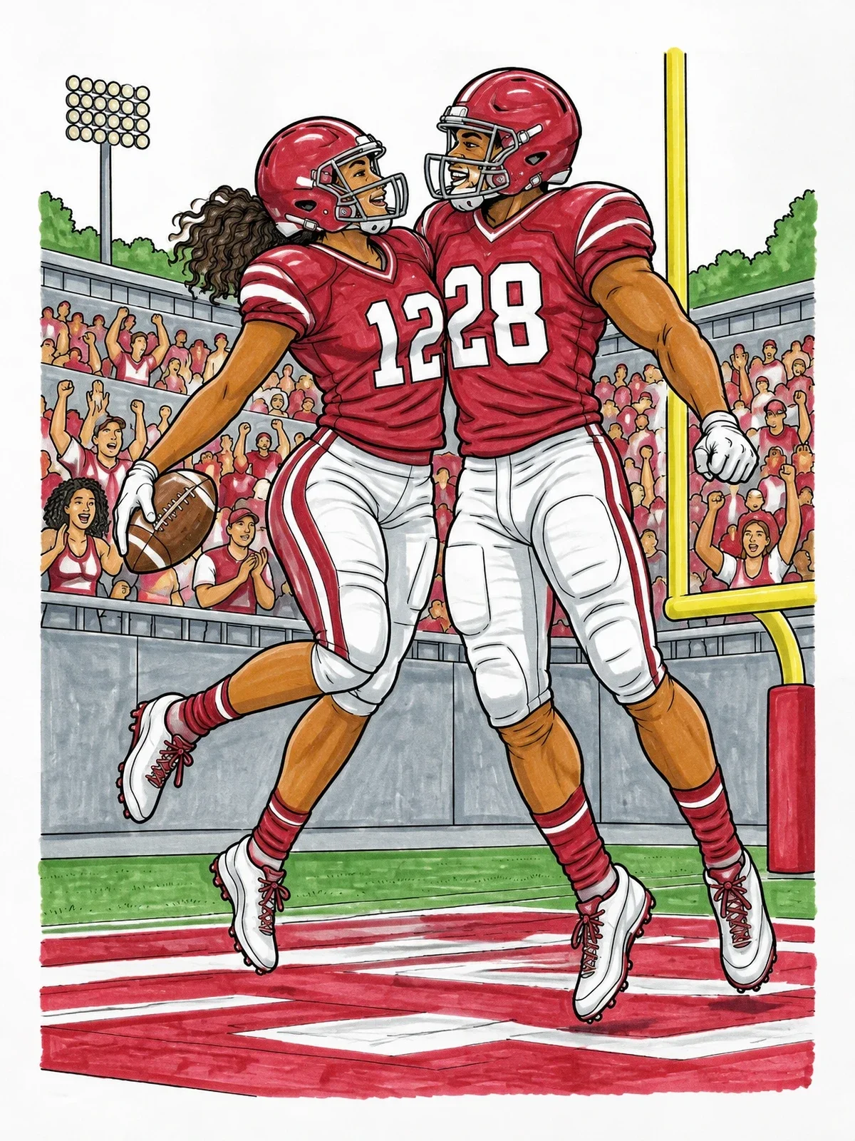Colored example of the Football Players Touchdown Celebration coloring page