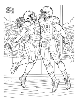 Football players jumping in celebration on this detailed Alabama coloring page.