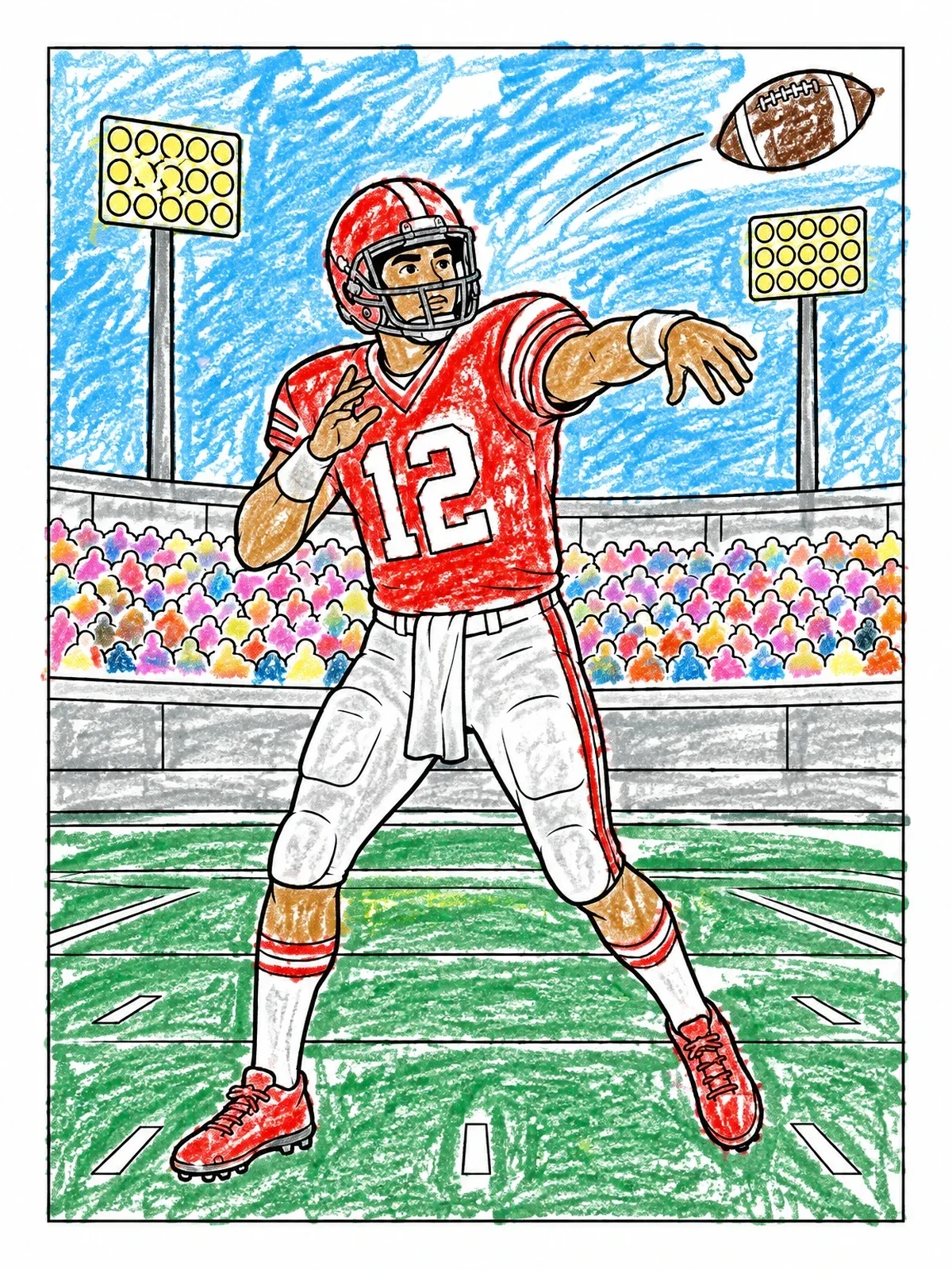 Colored example of the Football Quarterback Throwing A Pass coloring page