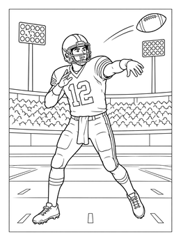 A quarterback throws a football in a packed stadium on this alabama coloring page.