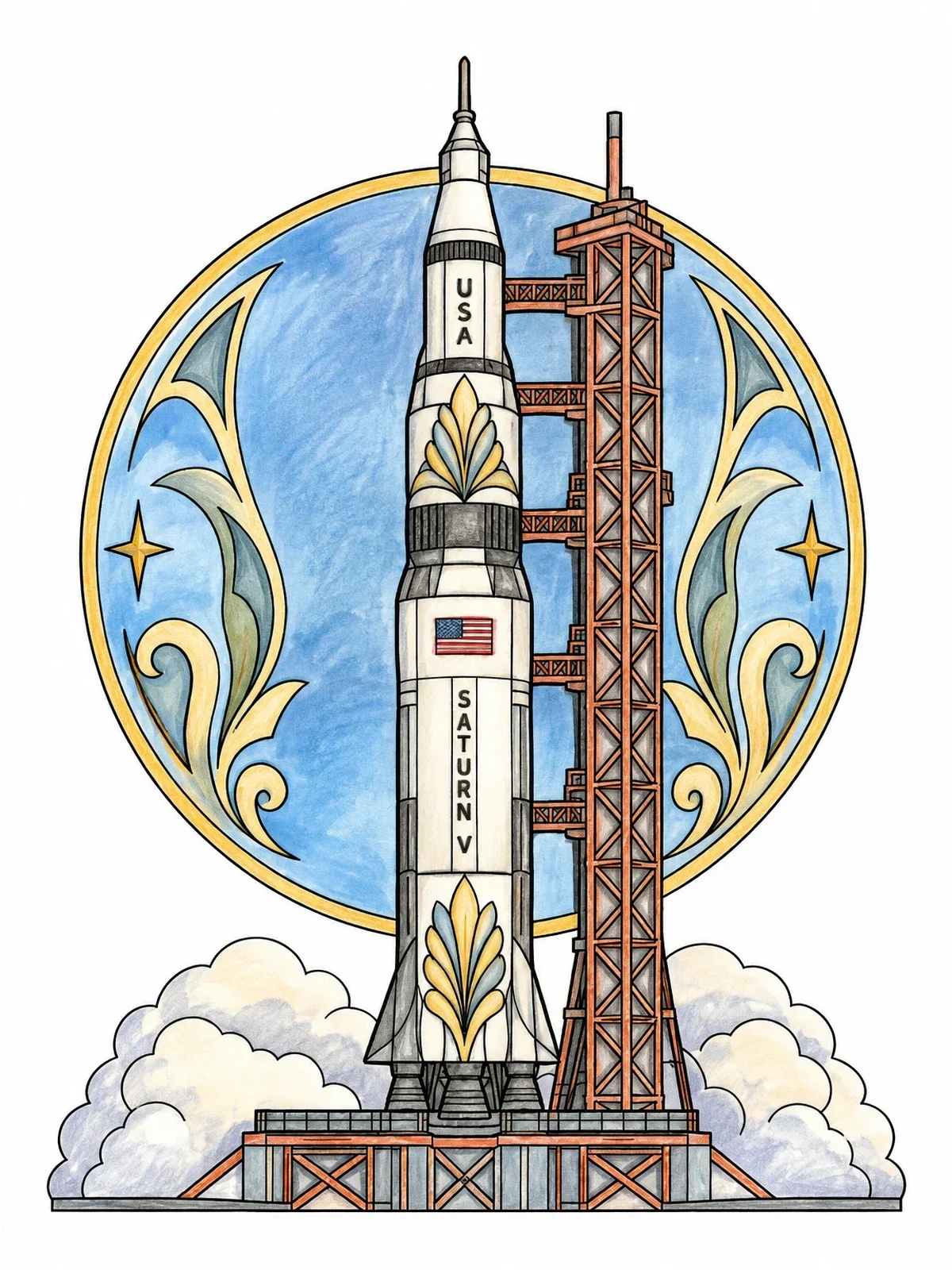 Colored example of the Saturn V Rocket Launch Pad coloring page