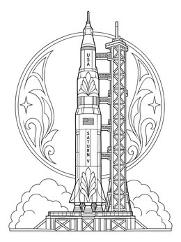 Detailed Saturn V rocket on a launch pad in this alabama coloring page.