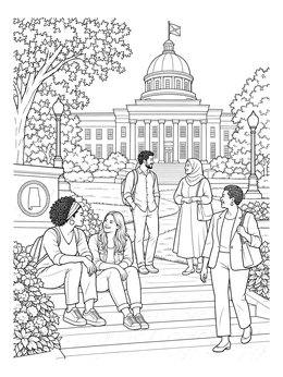 Visitors gathering on the steps of the capitol in this detailed alabama coloring page.