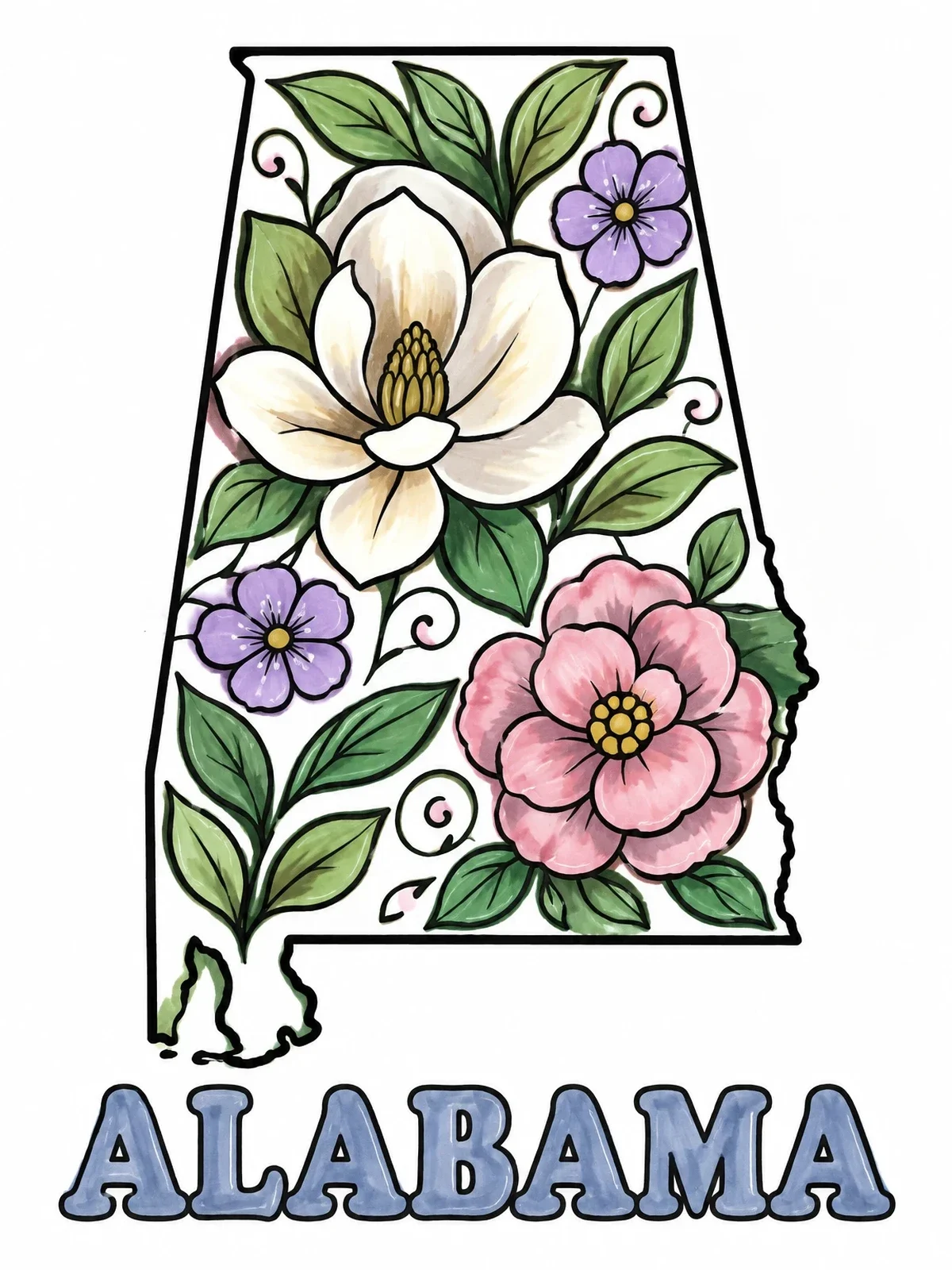 Colored example of the Alabama State Map With Flowers coloring page