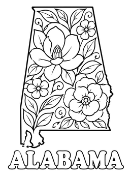 An intricate Alabama coloring page featuring a state silhouette filled with blooming camellias and leaves.
