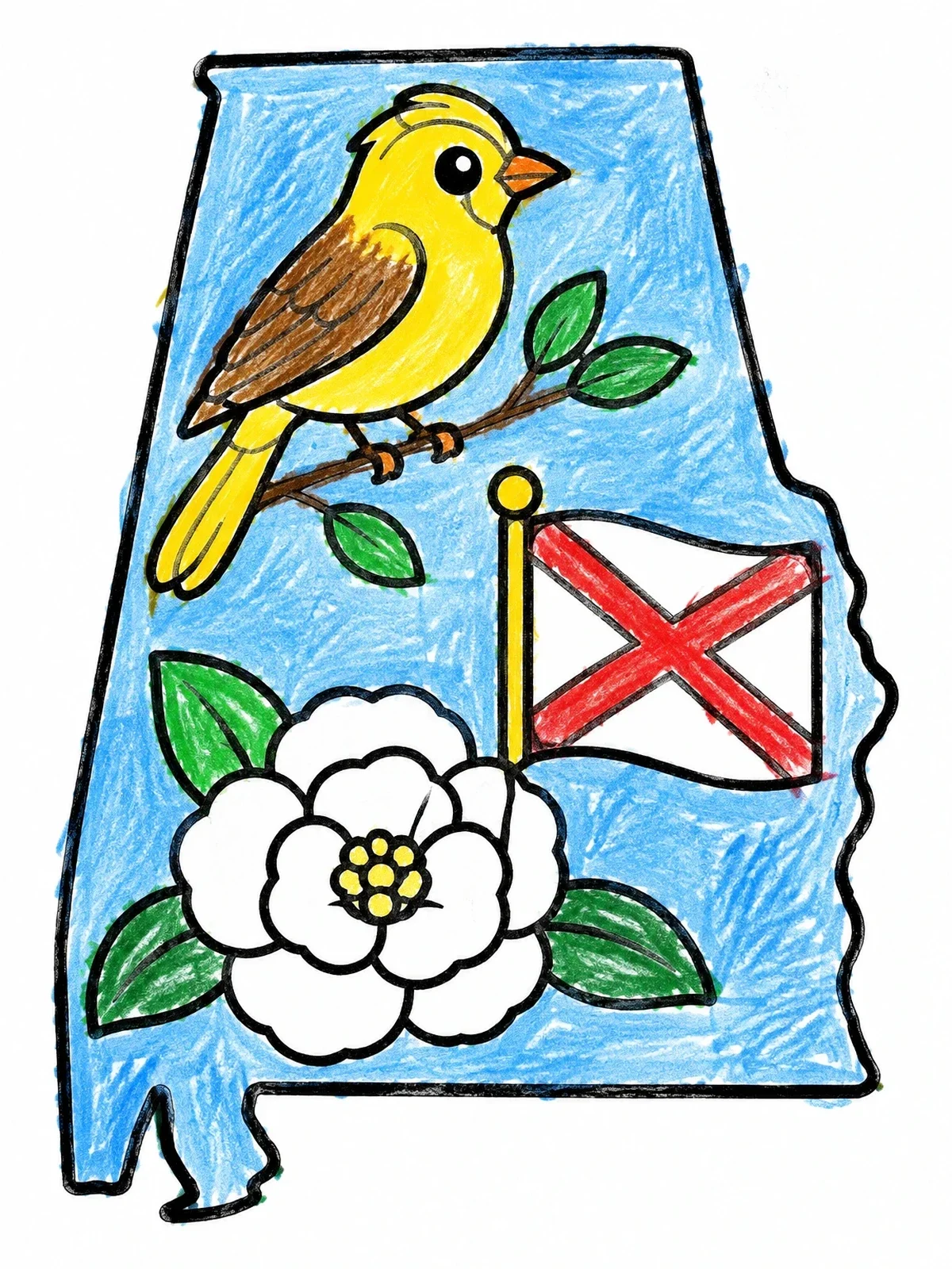 Colored example of the Alabama State Symbols Map coloring page