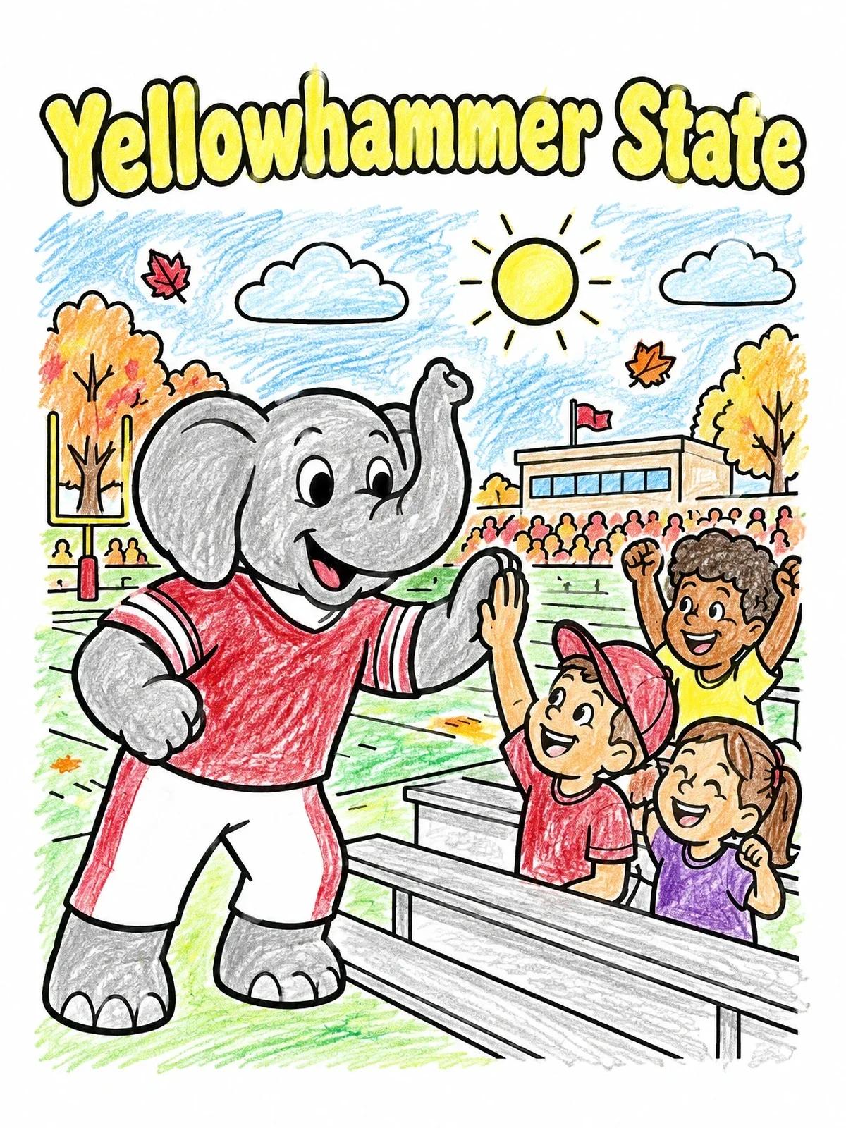 Colored example of the Yellowhammer State Elephant Mascot High Five coloring page