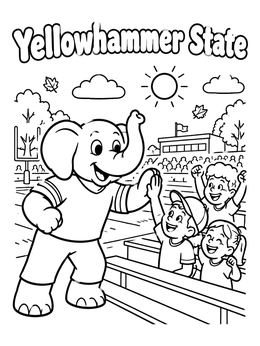 A friendly elephant mascot high-fives cheering young fans in this cheerful alabama coloring page.