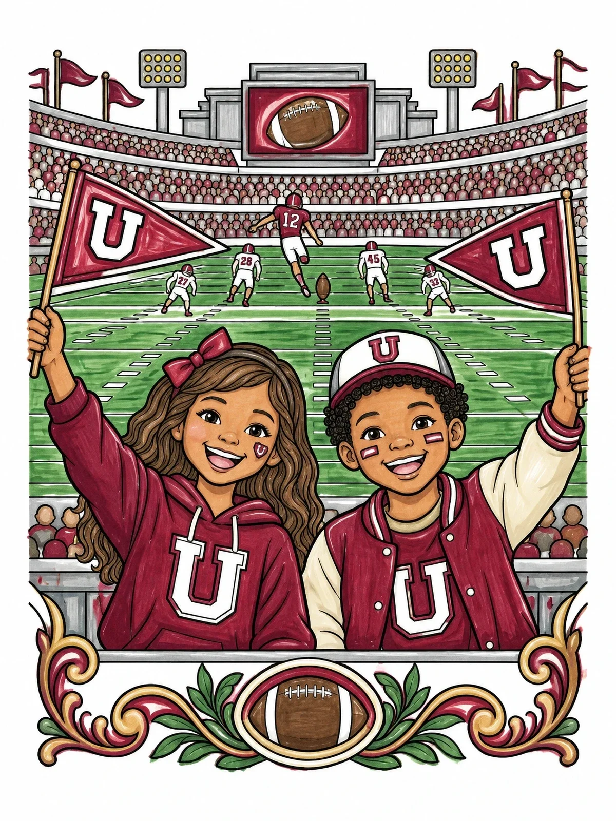 Colored example of the Young Fans At College Football Game coloring page