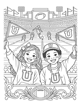 Cheering fans in this exciting Alabama coloring page wave pennants at a stadium kickoff.
