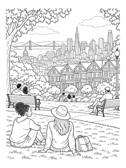 People resting at Alamo Square park in this detailed san francisco coloring page.