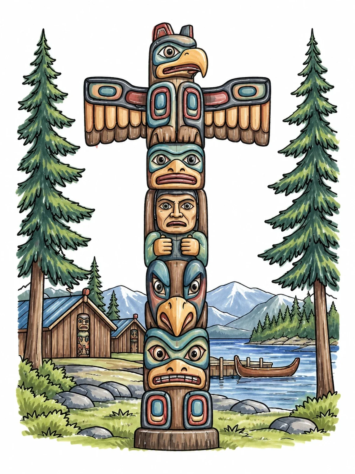 Colored example of the Carved Totem Pole By Coastal Village coloring page