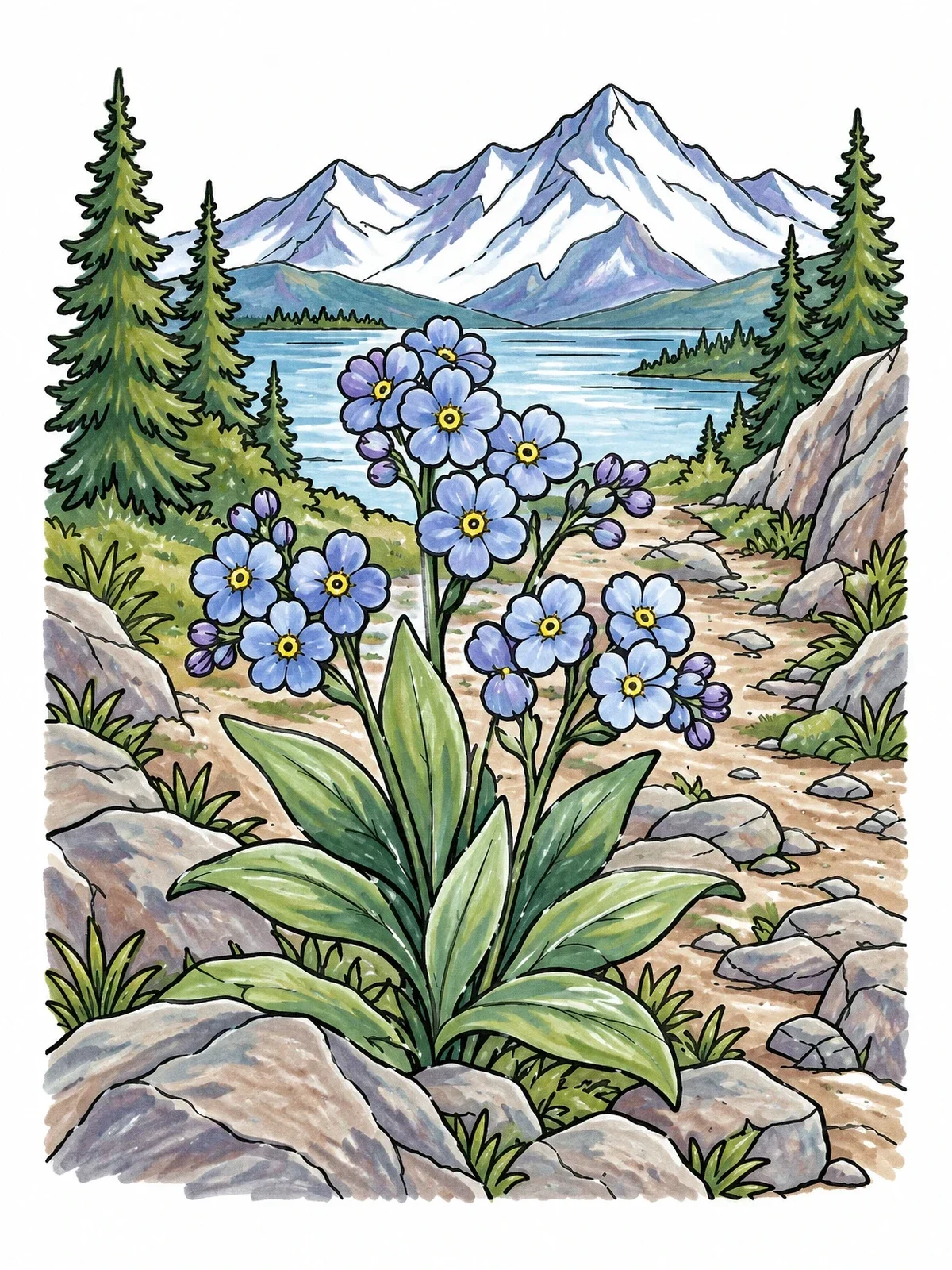 Colored example of the Alaskan Forget Me Nots By Mountain Lake coloring page