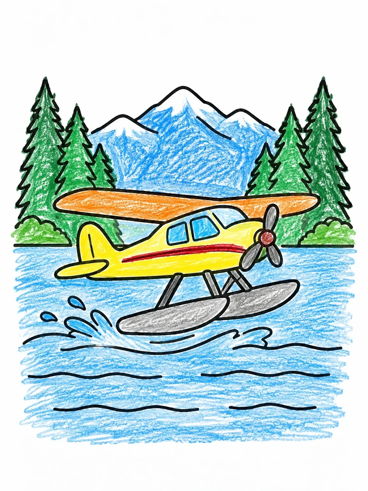 Colored example of the Bush Plane Landing On Lake coloring page
