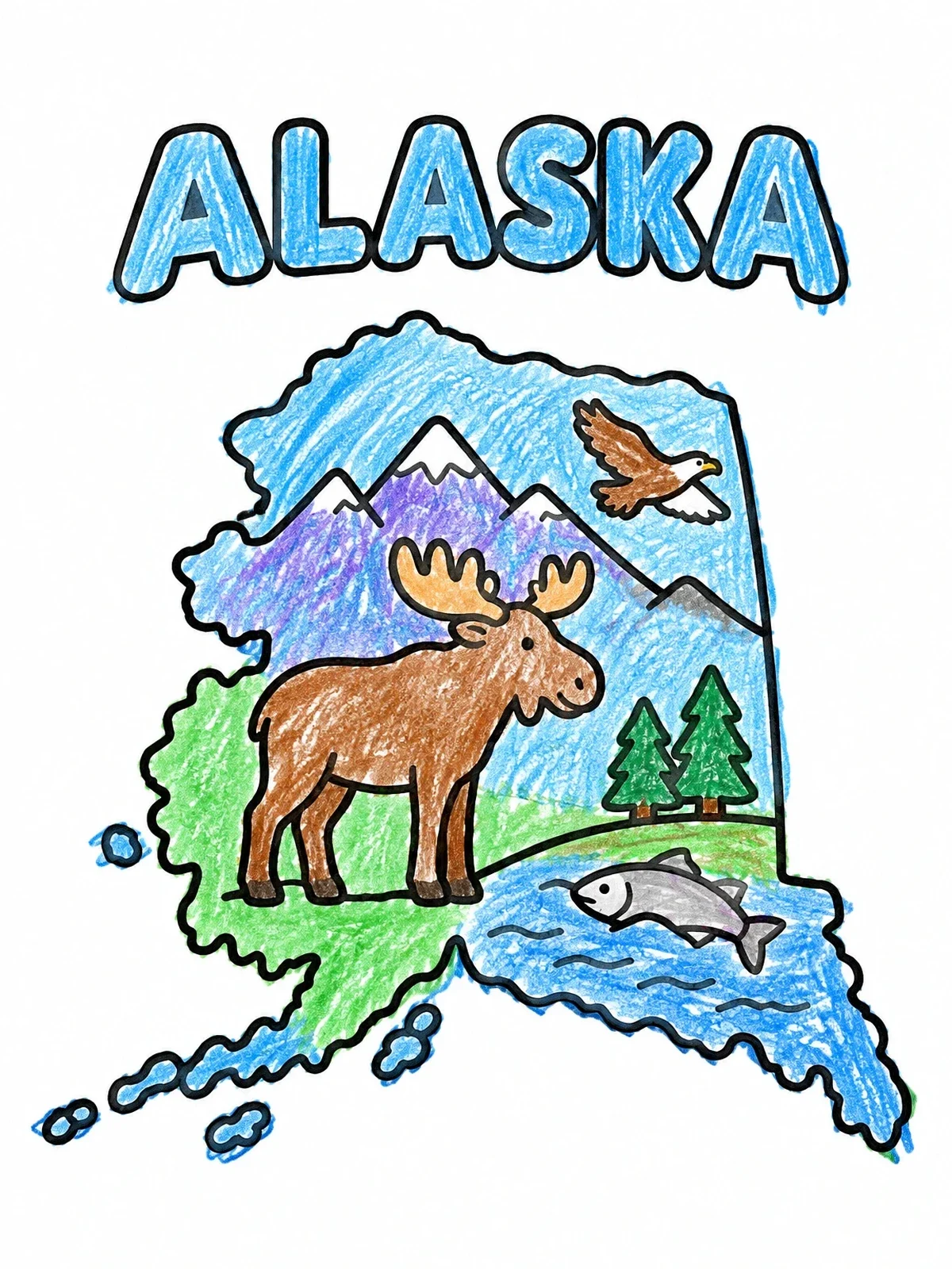 Colored example of the Alaska Map With Moose And Mountains coloring page