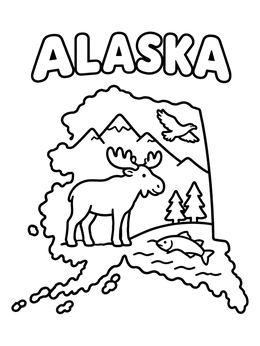Free printable Alaska Map With Moose And Mountains coloring page