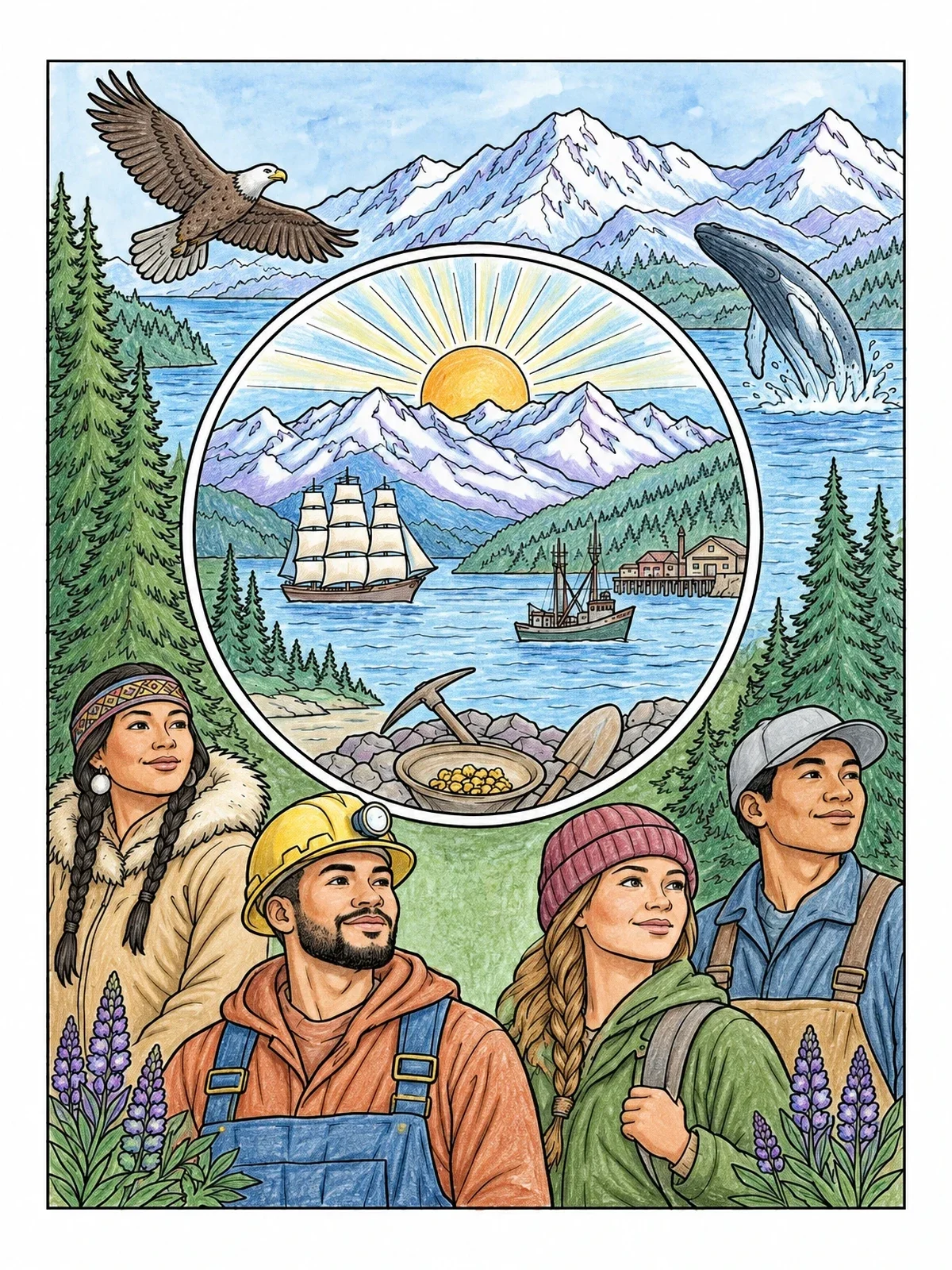 Colored example of the Alaska State Seal And People coloring page
