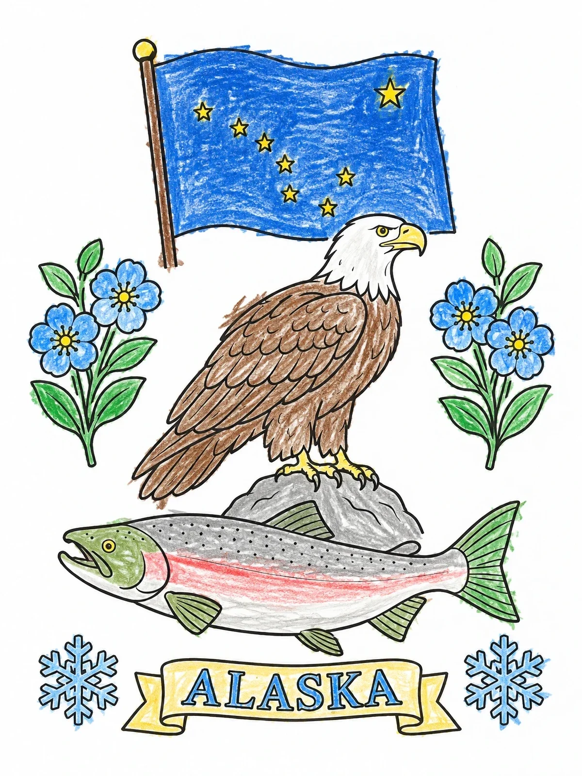 Colored example of the Alaska State Symbols And Wildlife coloring page