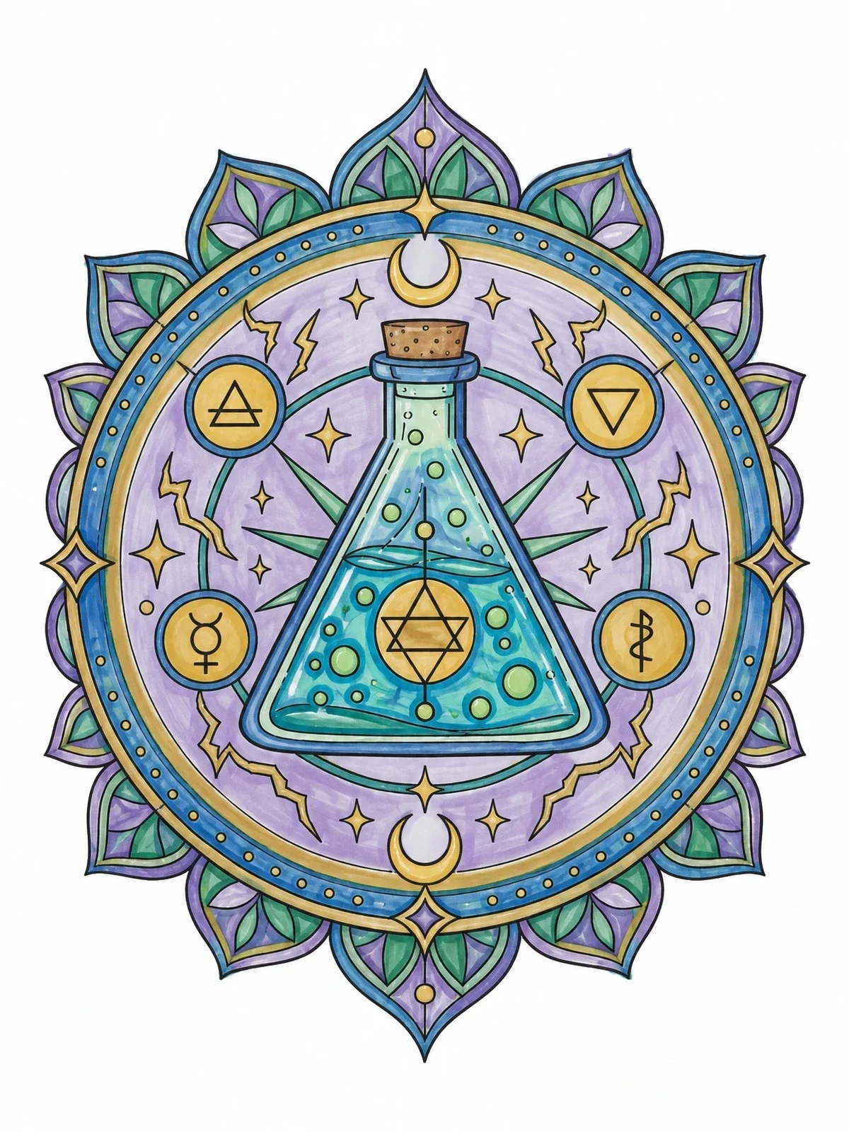 Colored example of the Alchemical Potion Bottle Mandala coloring page