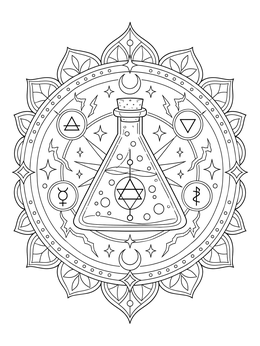 An intricate potion bottle coloring page featuring an alchemical flask and celestial mandala patterns.