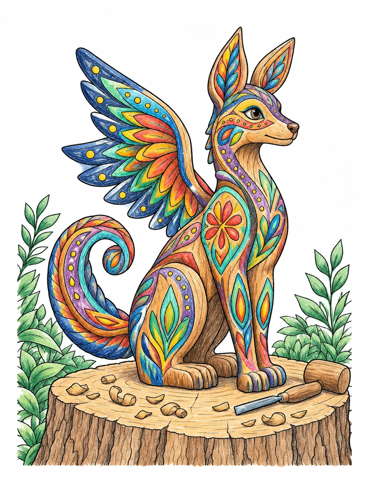 Colored example of the Carved Winged Alebrije On Tree Stump coloring page
