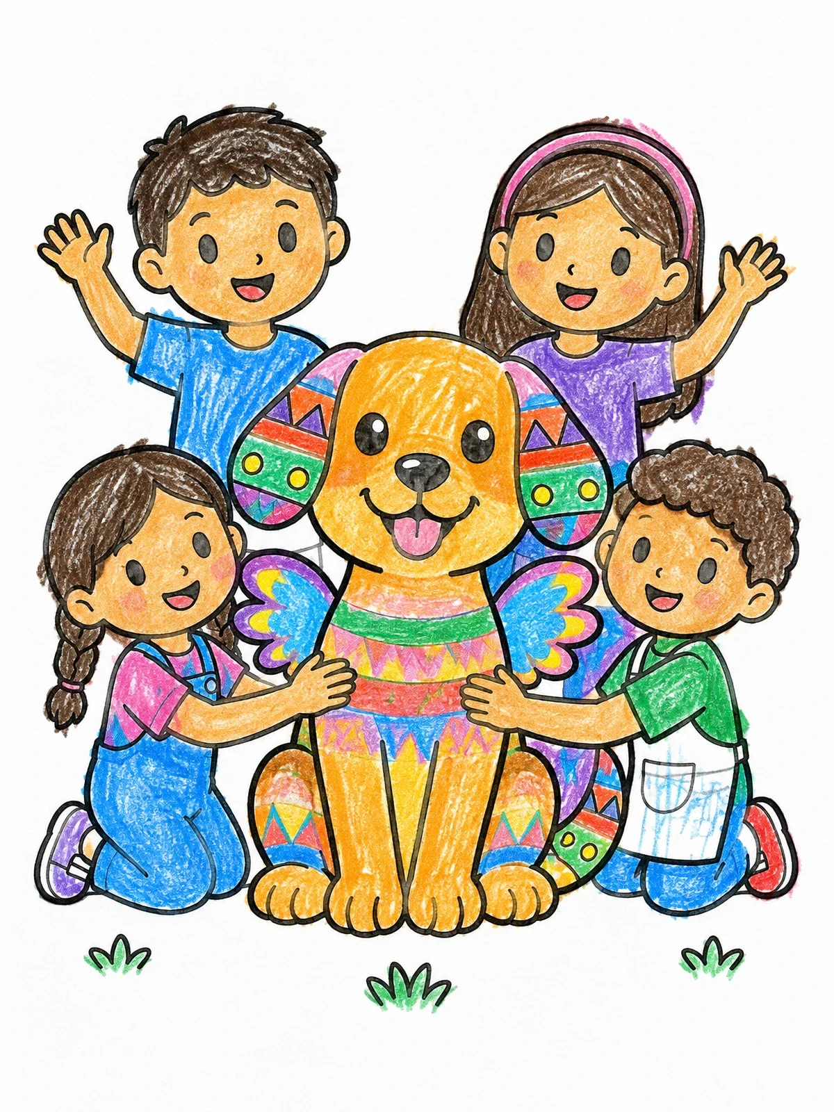 Colored example of the Children With Winged Dog Alebrije coloring page