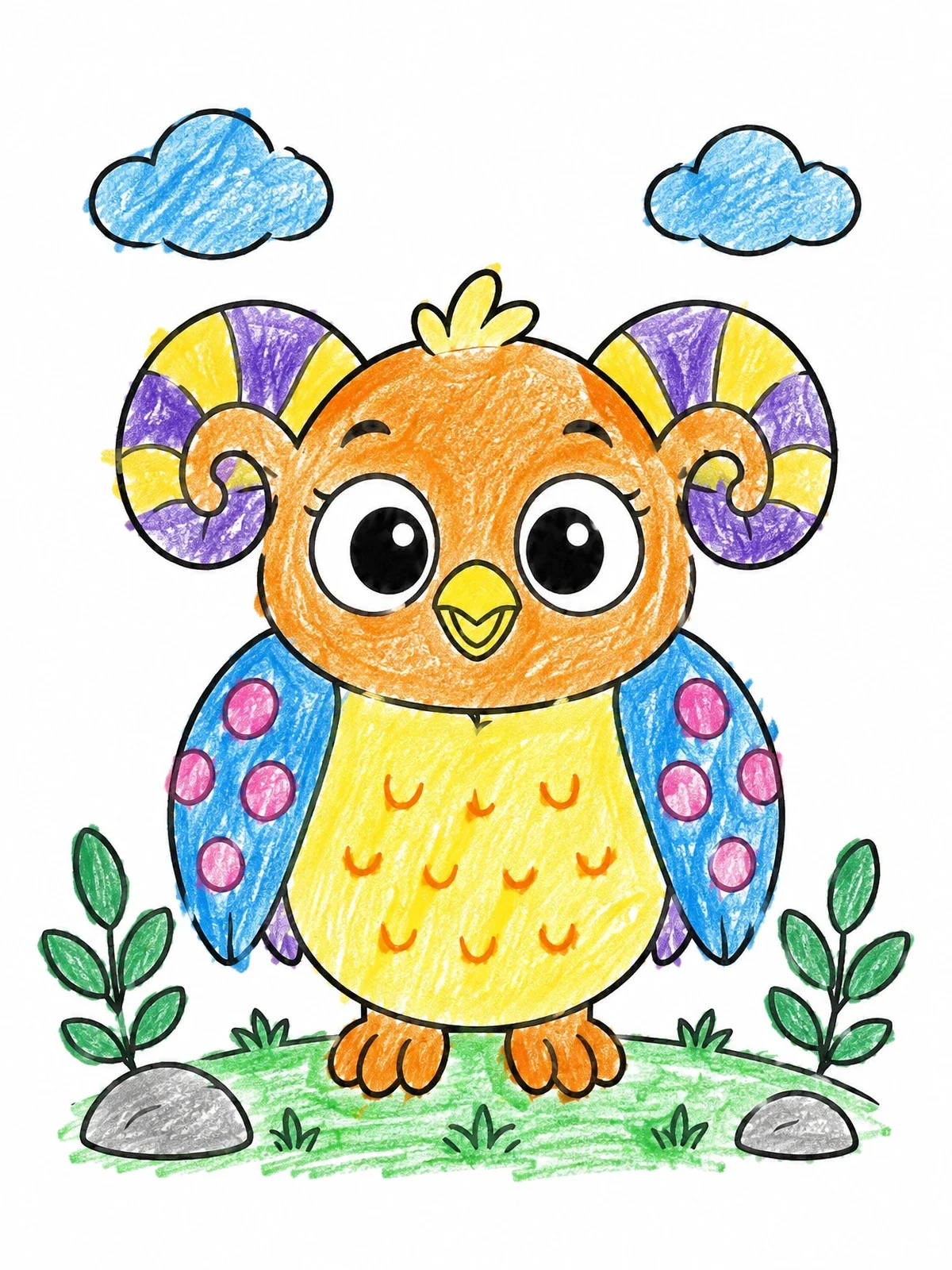 Colored example of the Cute Alebrije Horned Owl coloring page