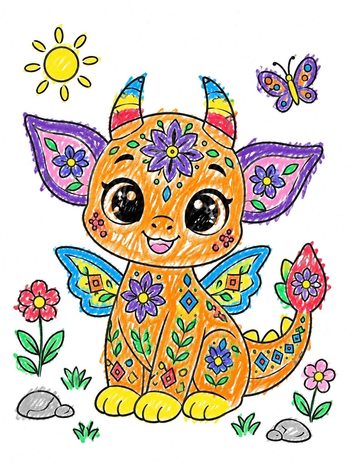 Colored example of the Cute Baby Alebrije Dragon With Patterns coloring page