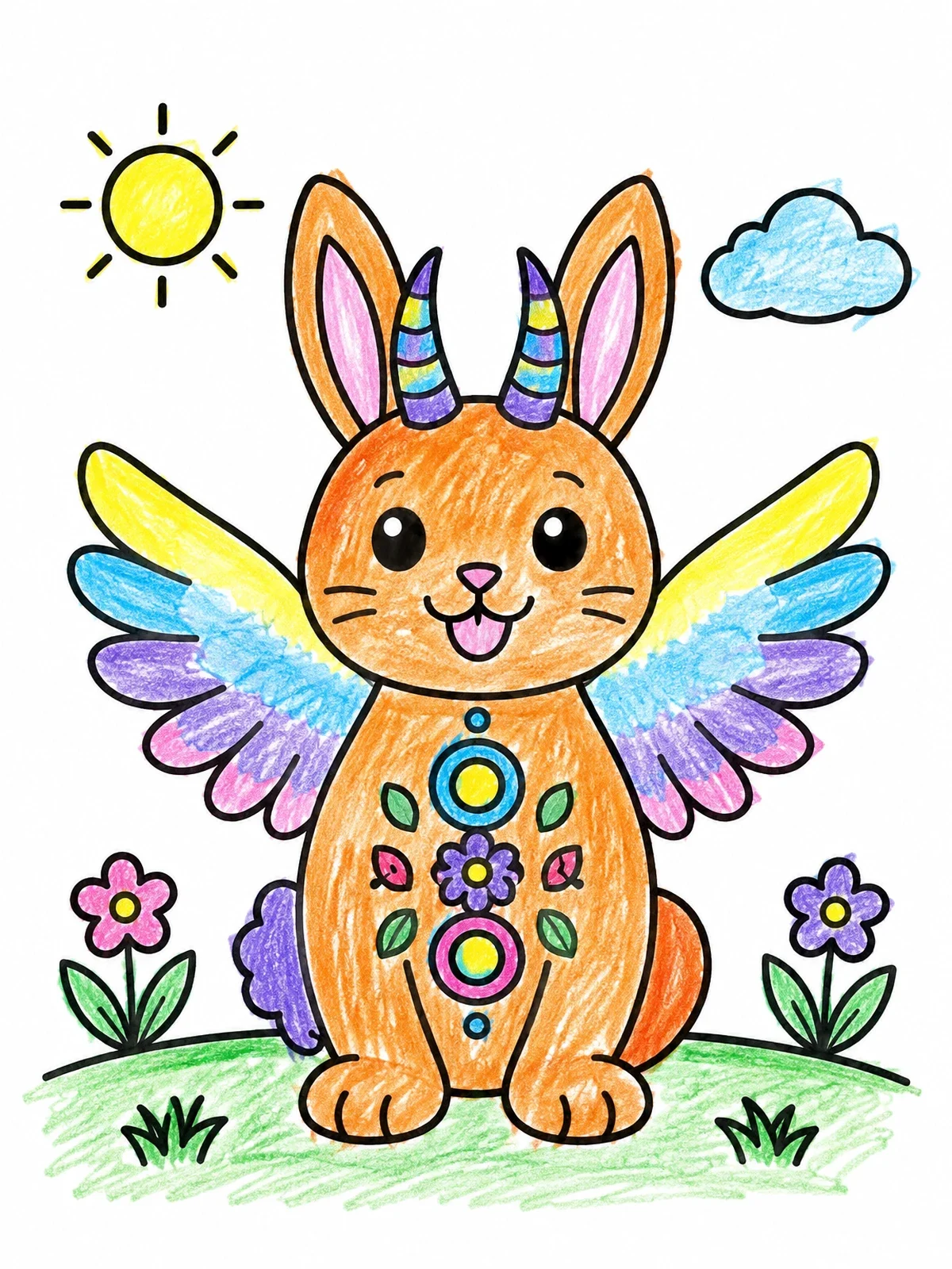 Colored example of the Cute Winged Horned Alebrije Rabbit coloring page
