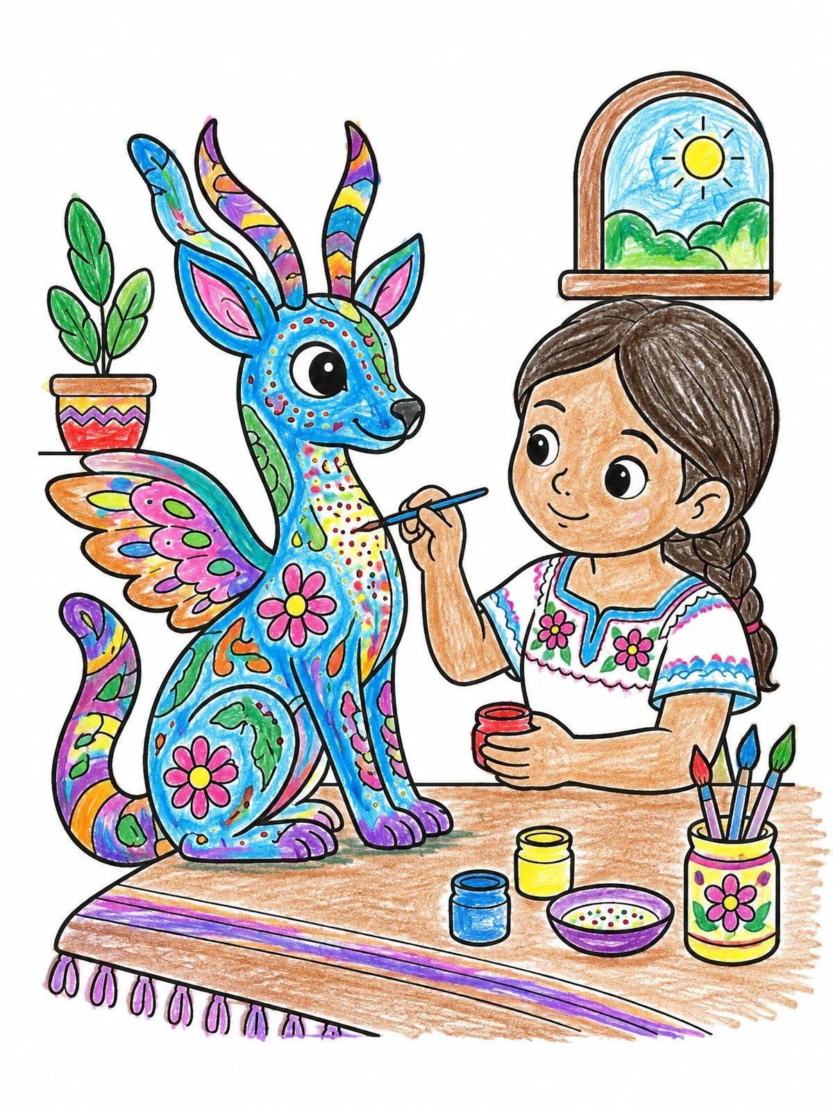 Colored example of the Girl Painting An Alebrije Creature coloring page