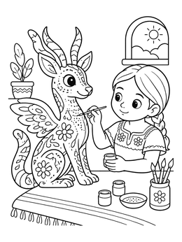 Free printable Girl Painting An Alebrije Creature coloring page