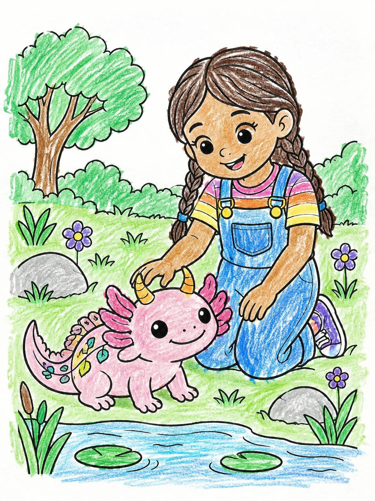 Colored example of the Girl With Baby Axolotl Alebrije coloring page