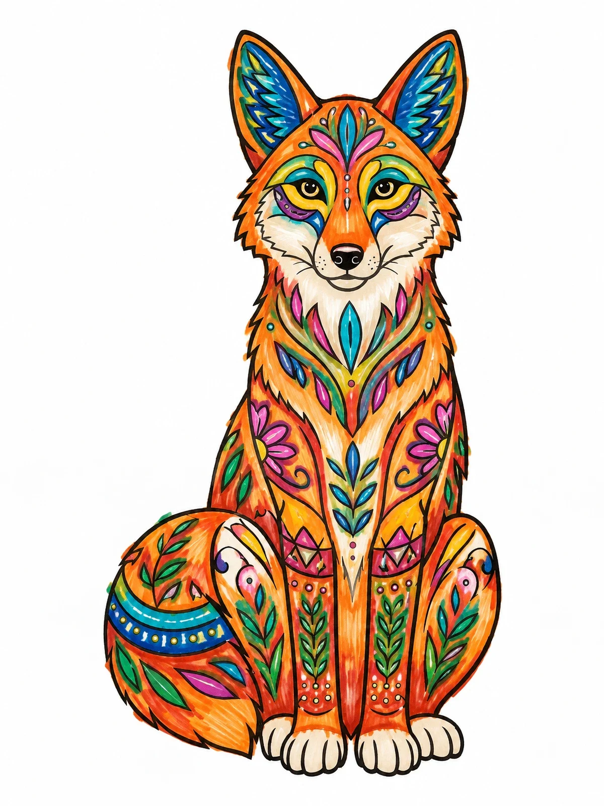 Colored example of the Ornate Mexican Alebrije Fox coloring page