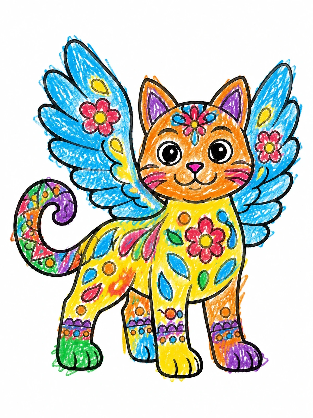 Colored example of the Winged Alebrije Cat coloring page