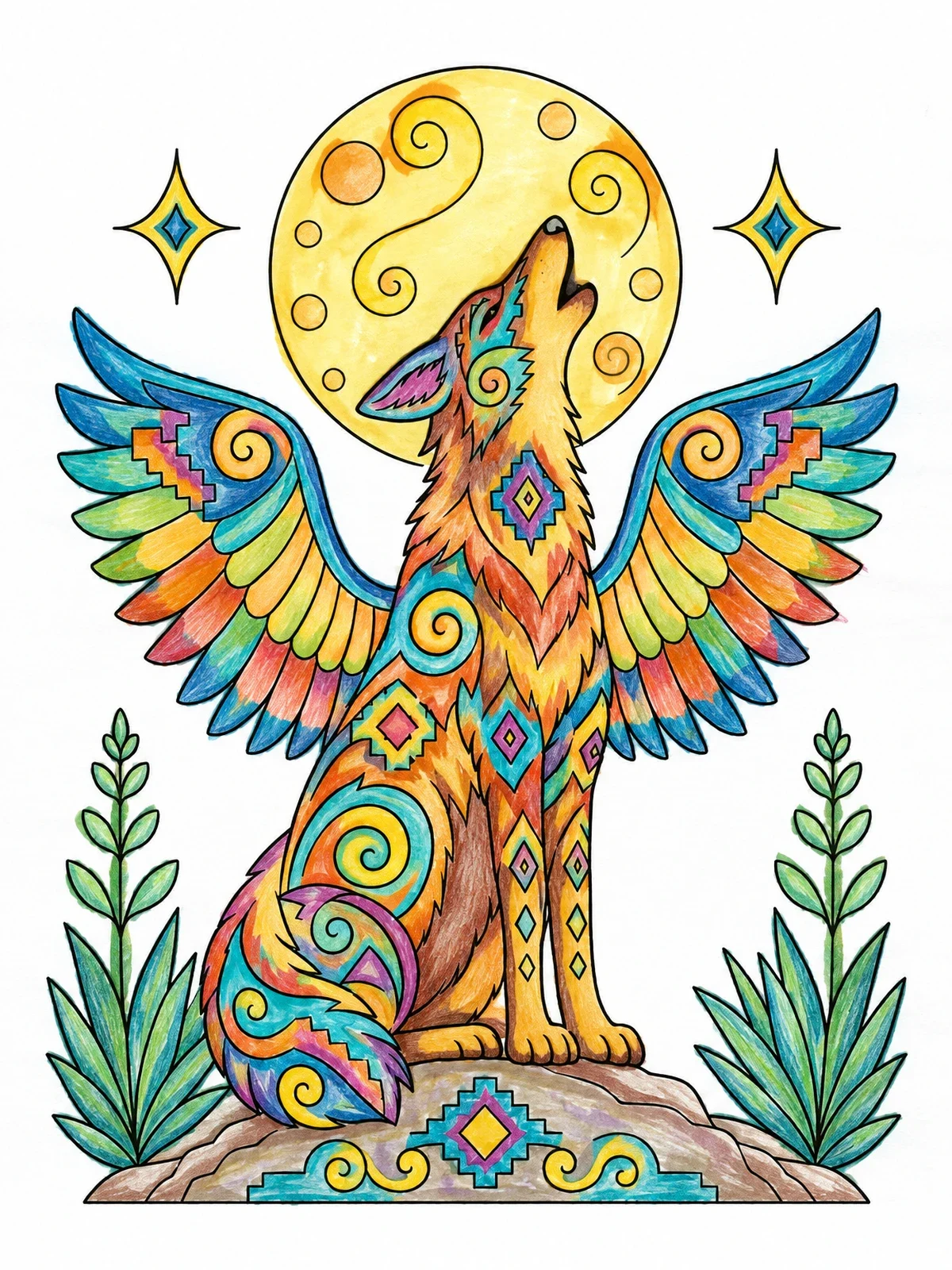 Colored example of the Winged Alebrije Coyote Howling At Moon coloring page