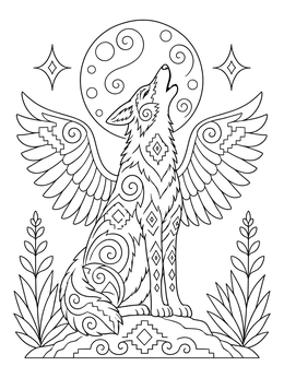 Free printable Winged Alebrije Coyote Howling At Moon coloring page