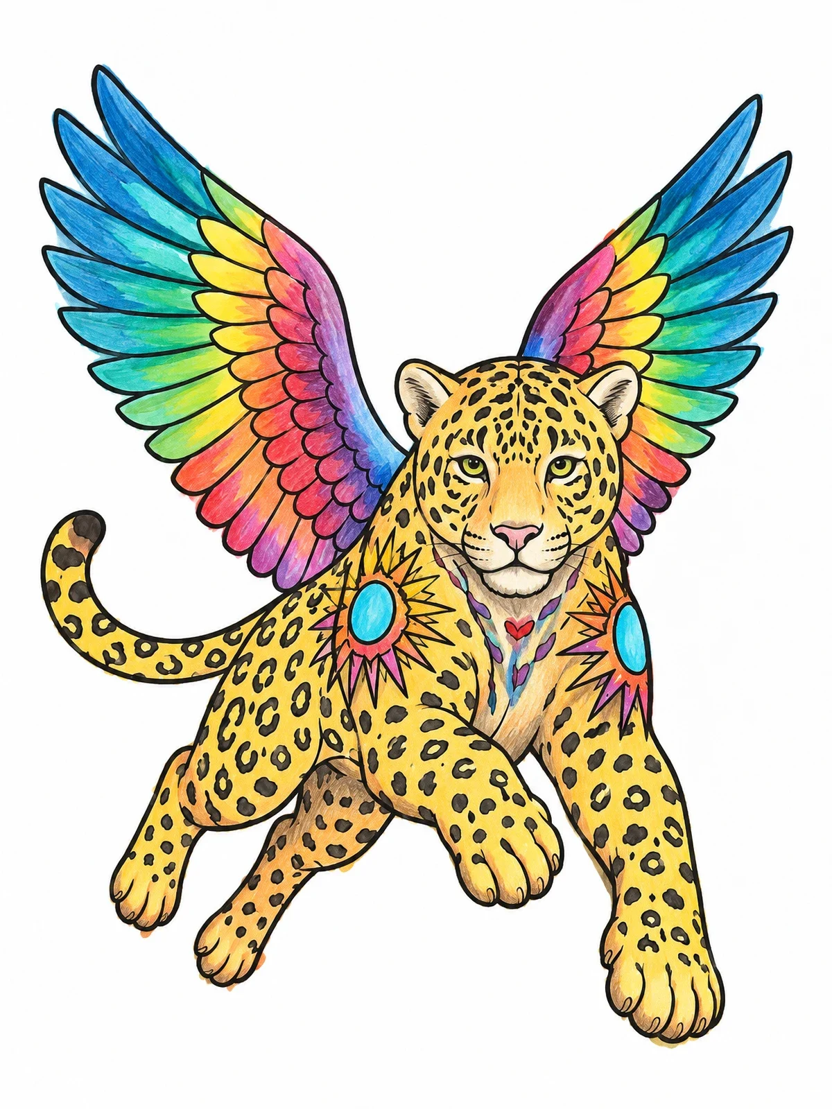 Colored example of the Winged Alebrije Jaguar In Flight coloring page