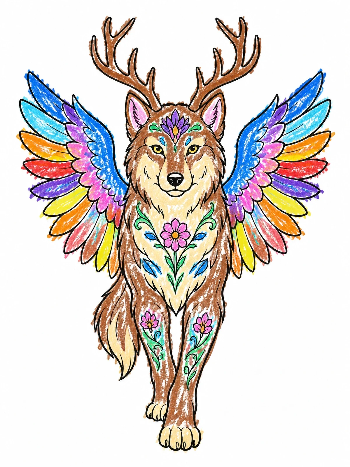 Colored example of the Winged Alebrije Wolf With Antlers coloring page