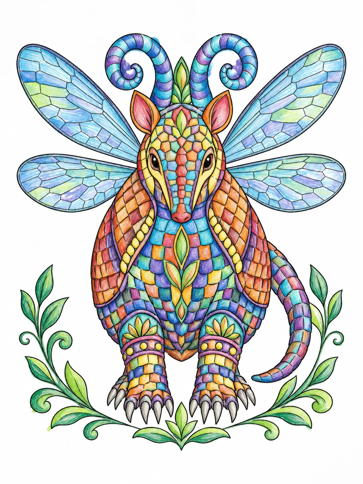 Colored example of the Winged Armadillo Alebrije With Horns coloring page