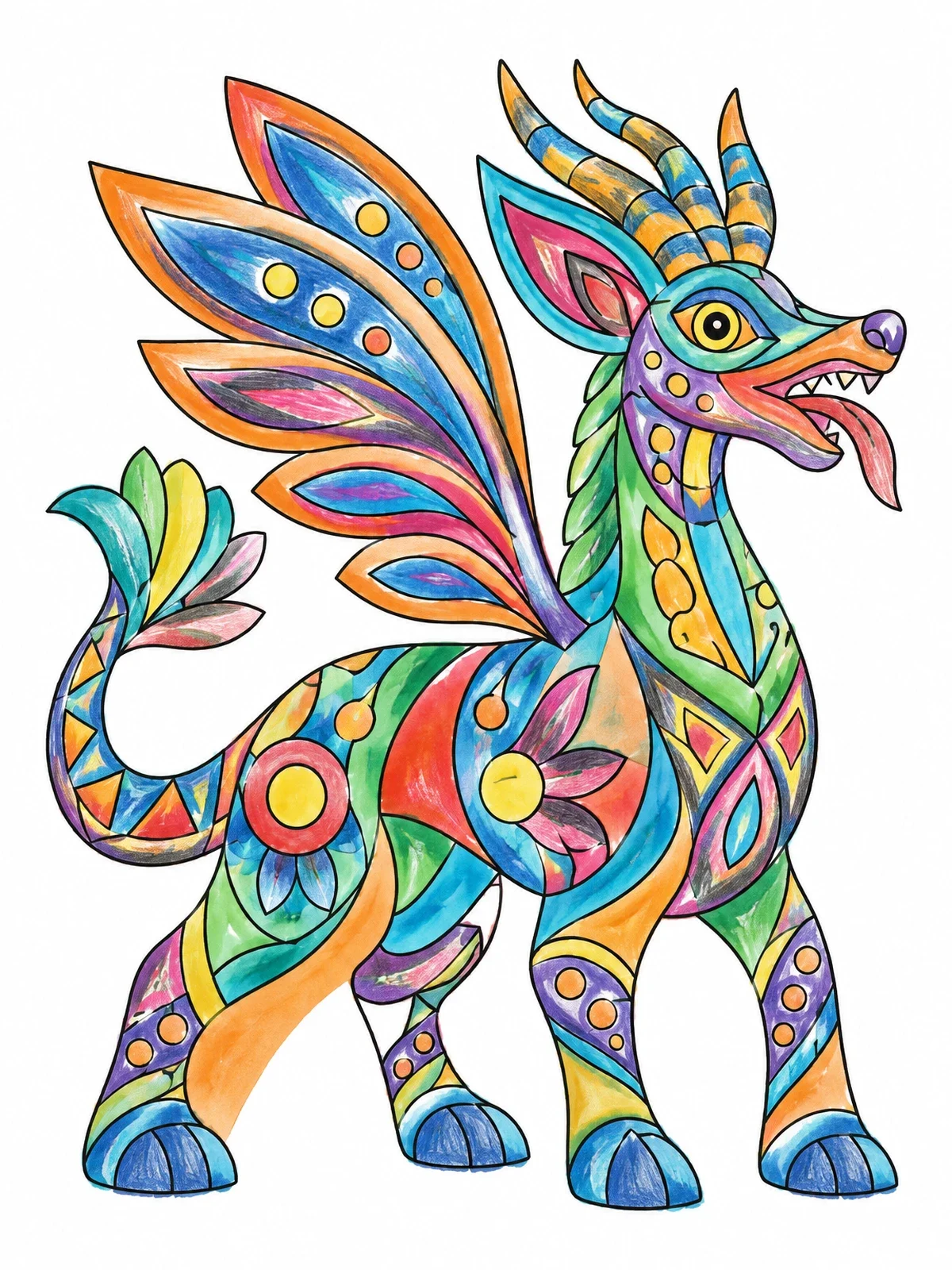 Colored example of the Winged Dragon Alebrije Creature coloring page