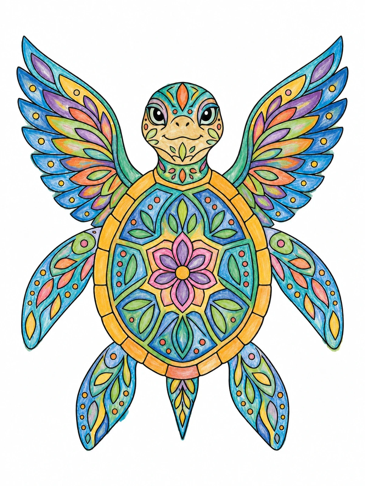 Colored example of the Winged Sea Turtle Alebrije coloring page