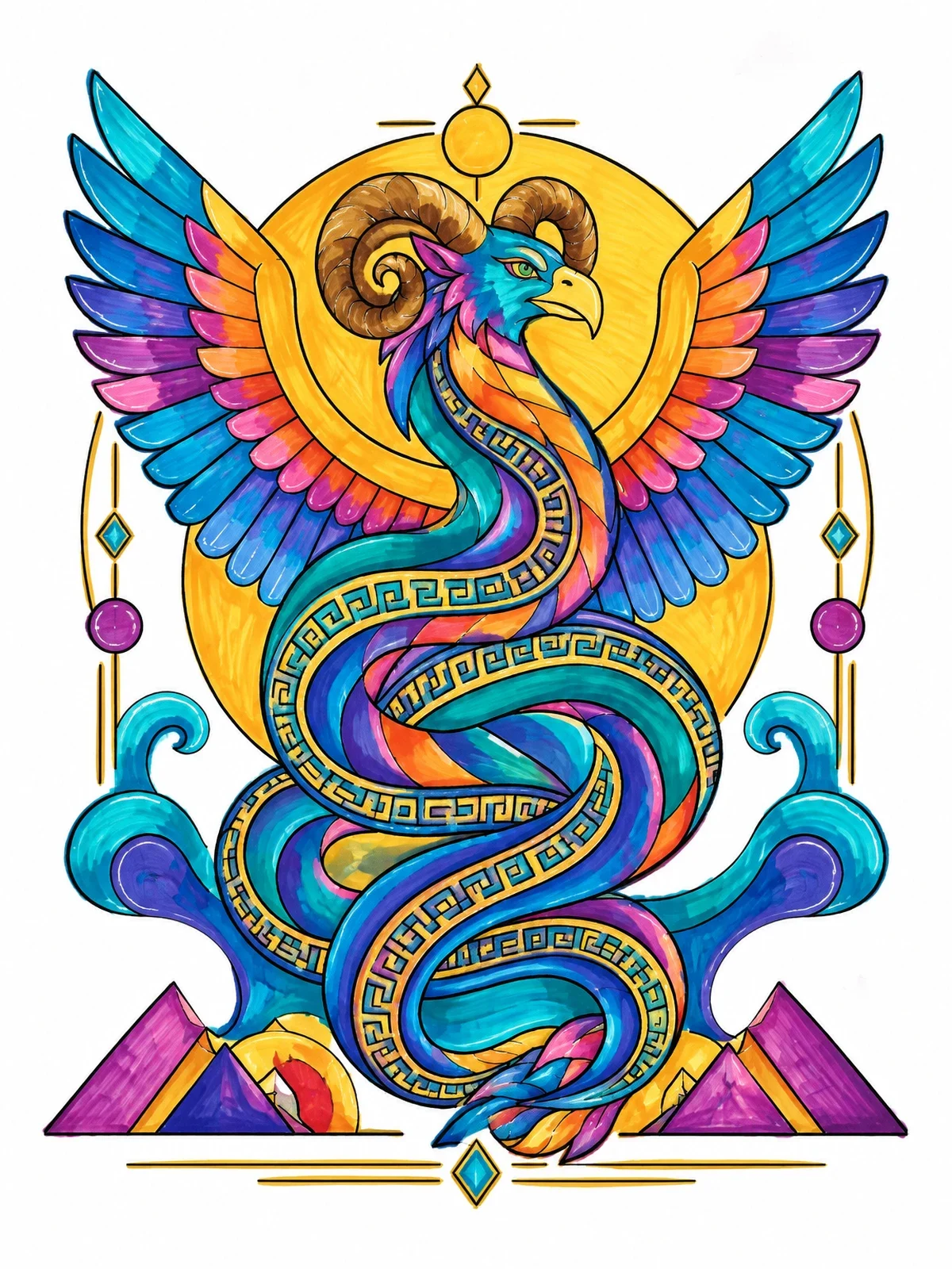 Colored example of the Winged Serpent Alebrije Fantasy Creature coloring page