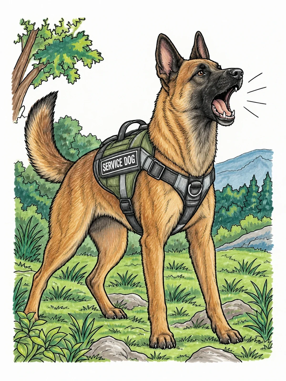 Colored example of the Alert Belgian Malinois Service Dog coloring page