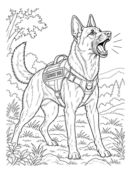 An alert belgian malinois coloring page showing a barking service dog in harness outdoors.