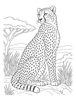 A seated cheetah coloring page resting on rocks in the African savanna.
