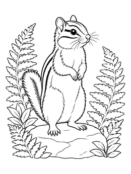 An alert little chipmunk coloring page standing on a stone between lush ferns.