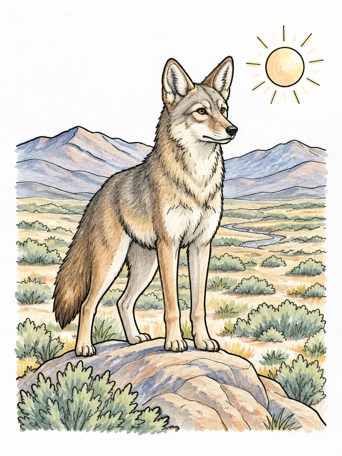 Colored example of the Alert Coyote On Desert Ridge coloring page