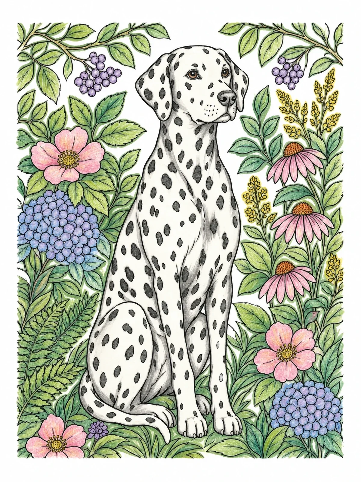 Colored example of the Alert Dalmatian In Blooming Garden coloring page