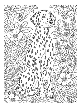 A detailed dalmatian coloring page featuring an alert dog surrounded by lush flowers.