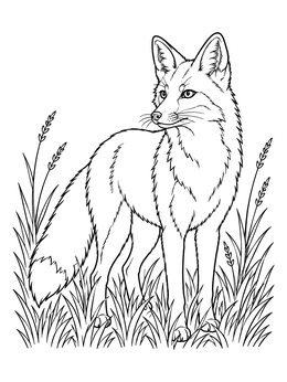 An alert fox coloring page standing among tall meadow grass and wheat.